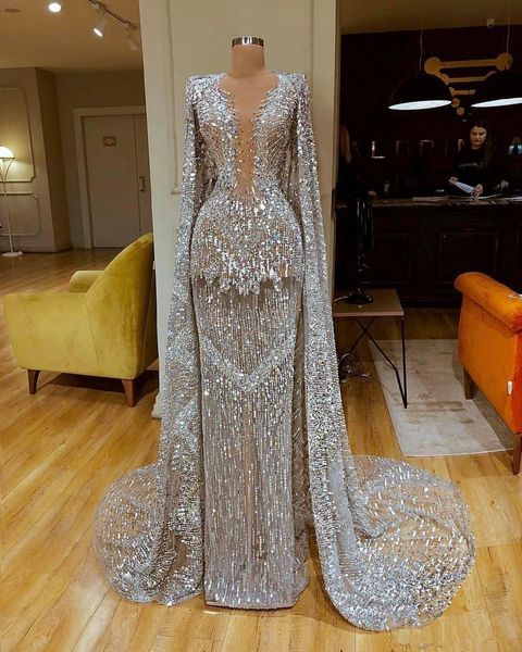 Sparkly Full Pailletten Langarmer Meerjungfrau Abendkleider mit Wrap Luxus Silber -Prom -Kleid formelle Party -Festzug Gown301g