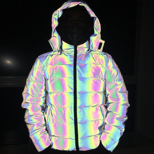 

detachable hooded reflective jacket loose glowing parka winter women luminous casual coat padded hoodies warm streetwear coat, Black