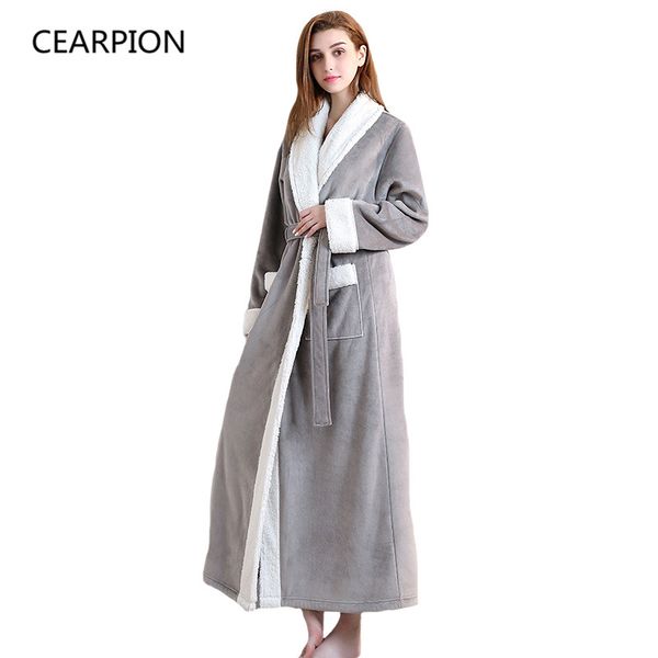 

cearpion winter flannel sleepwear warm thick robe ankle-length femme long robes women soft kimono bathrobe gown home dress, Black;red