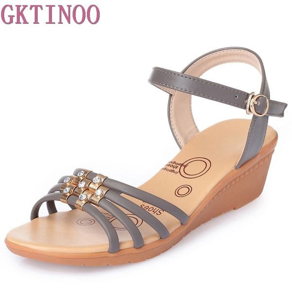 

gktinoo female sandals shoes wedge platform leather ladies buckle sandals high heels for women summer plus size 35-43, Black