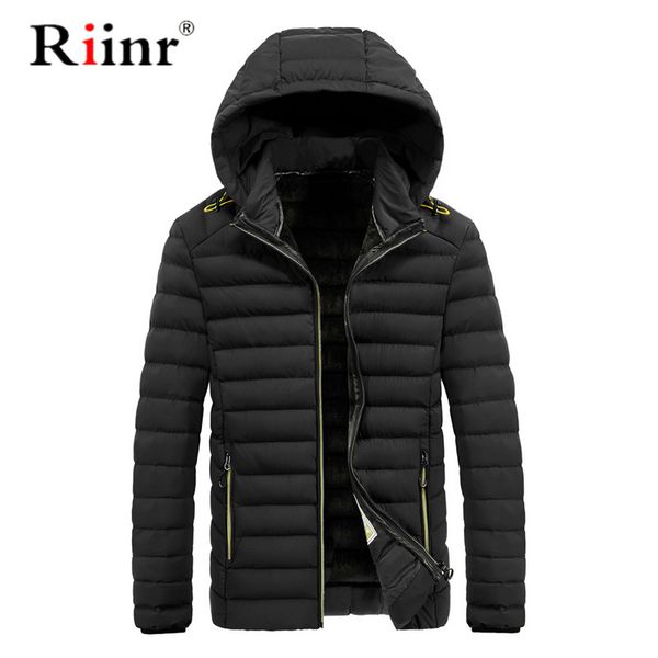 

riinr brand men parka cotton padded winter jacket coat mens warm jacket solid color hoodie collar zipper thick coat men parka, Black