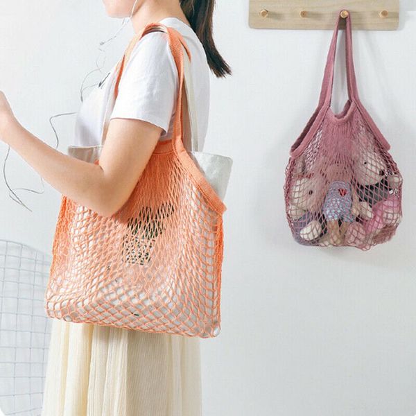 

net cloth reusable fruit vegetable shopping bag casual string grocery shopper cotton tote mesh woven net shoulder bag women