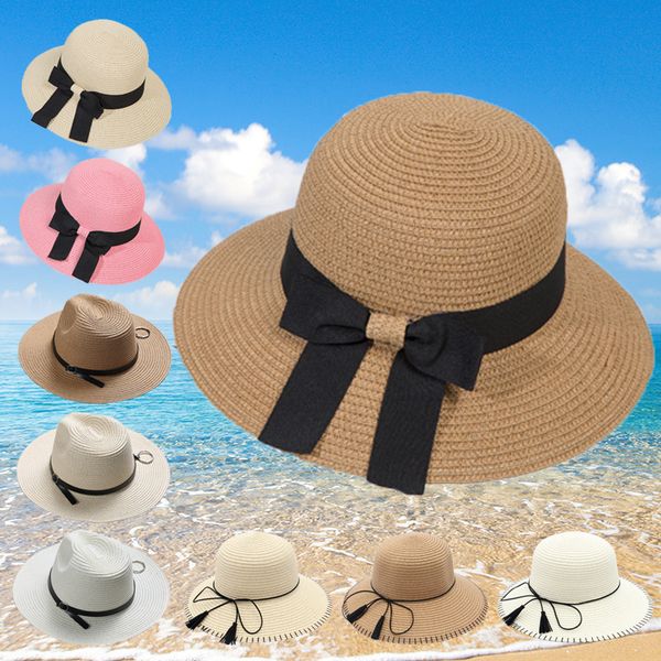 

summer bow straw hat woman tide straw hat concise cotton sunshade sunscreen fisherman manual foldable sandy beach, Blue;gray