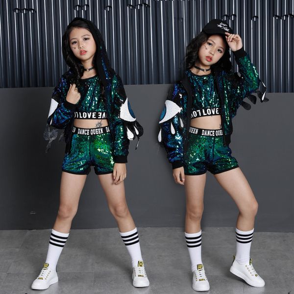 

stage wear sequin kid hip hop costumes for girls hoodies jacket crop tank shirt shorts jazz dance costume ballroom dancing clothes, Black;red