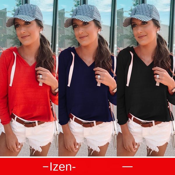 

женская дизайнерская футболка осень с длинным рукавом v-образным вырезом с капюшоном карманный свитер топ 5365, White