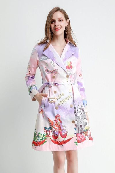 

2019 autumn floral print women sweet trench coat fashion floral print double-breasted belt overcoat b190, Tan;black