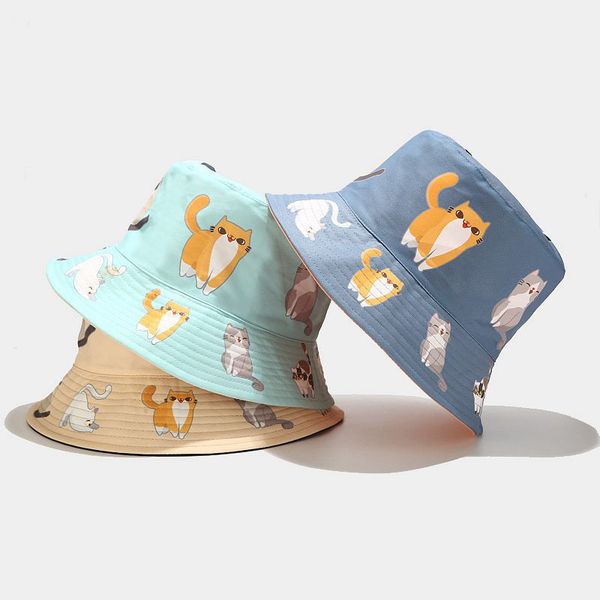 

2020 cartoon cat bucket hat for women animal print fisherman hat panama fishing bucket cap summer sun for girl friend gift