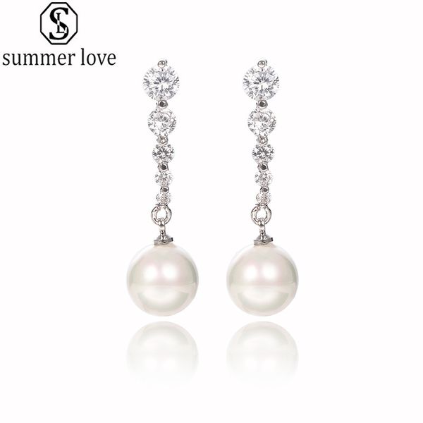 

new cubic zircon long pearl pendant stud earrings silver/gold color drop earrings for women jewelry gift-z, Golden;silver