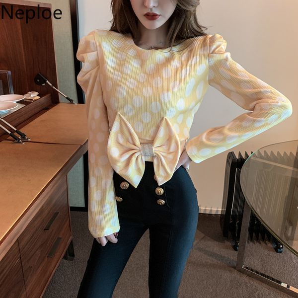 

neploe polka dot bowknot blouses 2020 spring autumn long sleeve pullover shirt women korean short slim fit blusas 57377, White