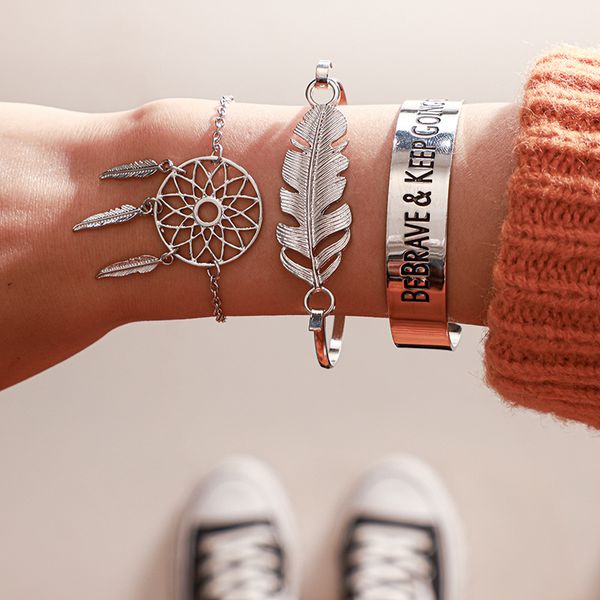 

3 pcs/set new 2020 vintage mesh feather shape bracelet set for women geometric hollow out letter bracelets female jewelry, Black