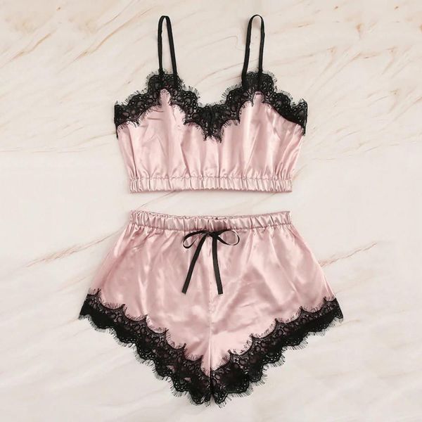 

pajamas women summer lingerie intimates lace satin silk sleeveless patchwork cami home suit pijama mujer dropshipping #, Black;red