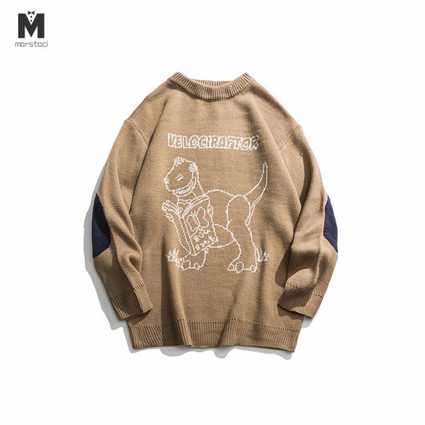 

men pullover sweaters retro dinosaur pattern acrylic oversize hip hop streetwear harajuku autumn new o-neck casual men's seaters, White;black