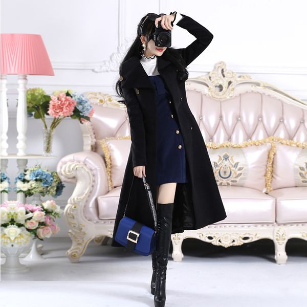 

autumn winter black woolen coat women double breasted slim lapel wool blends coat