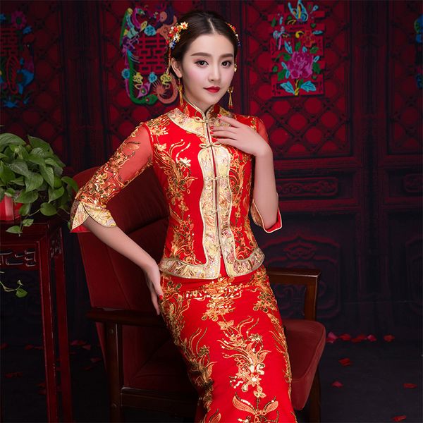 

red chinese wedding dress female cheongsam chinese traditional dress women qipao for wedding party plus size 3xl