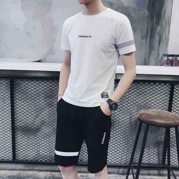 

2020 men's sports suit new short sleeve t-shirt shorts set korean slim two-piece set summer tide asian sizes available in 5 colors, Gray