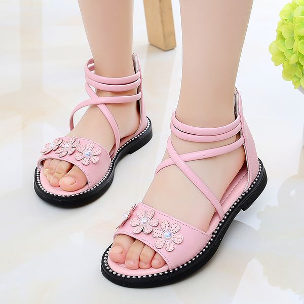 

2020 kids girls summer shoe little girls sandals leather big children flowers princess beach sandals 3  5 6 7 8 9 10 11 12 year, Black;red