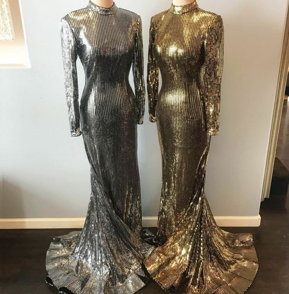 

women mermaid long gold sequined prom dresses robe de soiree muslim long sleeve evening gowns vestido de festa, Black
