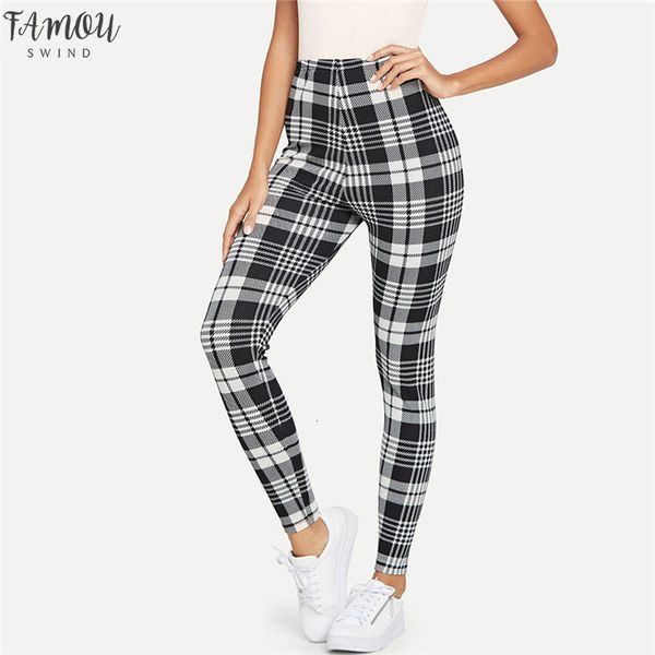 

fitness black and white plaid print leggings mid waist workout leggings autumn women casual pants and trousers