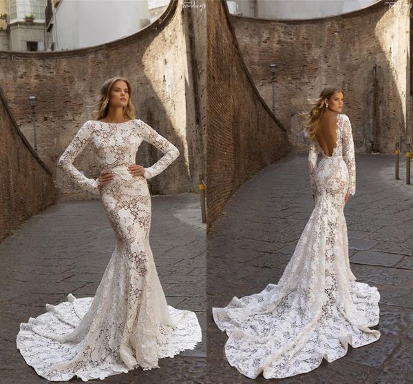 

берта 2020 иллюзия полный шнурок русалка свадебные платья beteau с длинными рукавами открытый назад sexy лиф сшитое платье свадебные, White