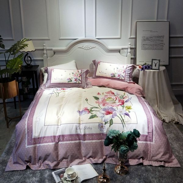Luxury Egyptian Cotton Floral Princess Bed Sheets Linen Purple