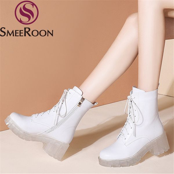 

smeeroon 2020 new arrival fashion women boots genuine leather white color ladies shoes autumn winter lace up ankle boots, Black
