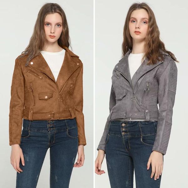 

women leather jacket classic basic casual motorcycle jacket faux leather street solid color slim zipper short coat grey black, Black;brown