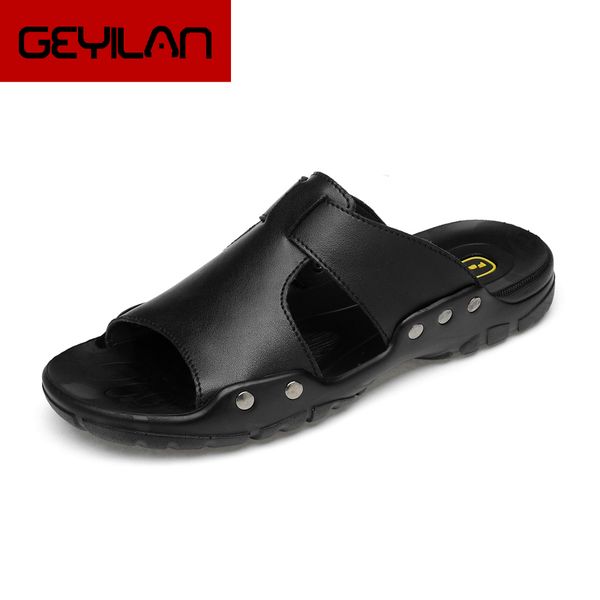 

men sandals summer men sandals comfort shoes beach shoes genuine leather casual male footwear, Black