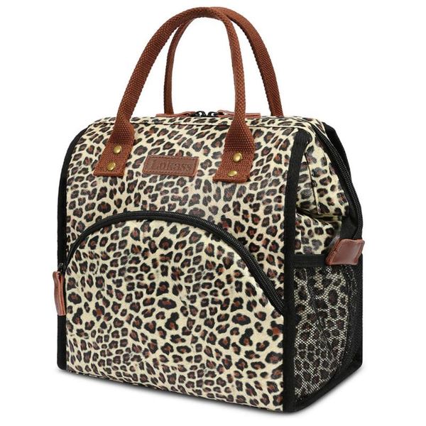 

portable insulated lunch bag nylon thermal lunch box snack organizer woman tote bag leopard printing large capacity, Blue;pink