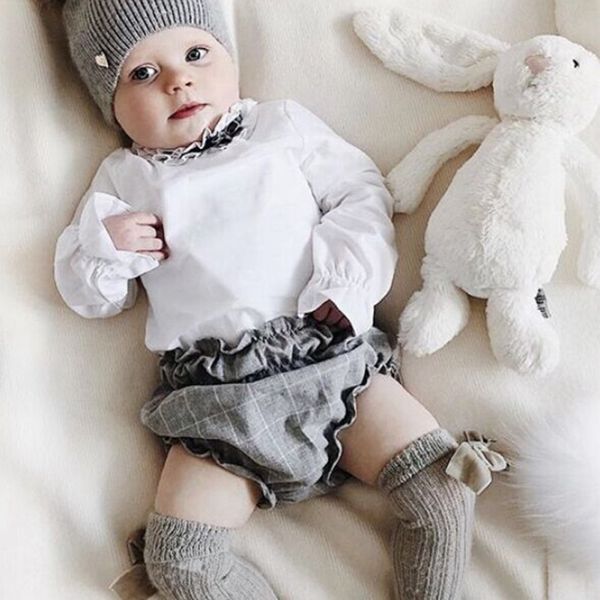

2pcs newborn infant baby sets kid boy girl long sleeve spring elegant clothes t-shirt plaid short pants set 2020, White