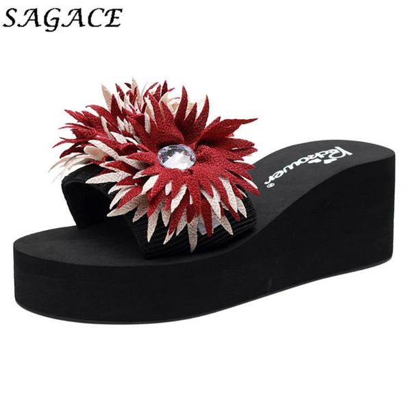 

sagace 2020 home slippers women summer wedges slippers flower crystal sandals women thick heel sandals sweet beach, Black