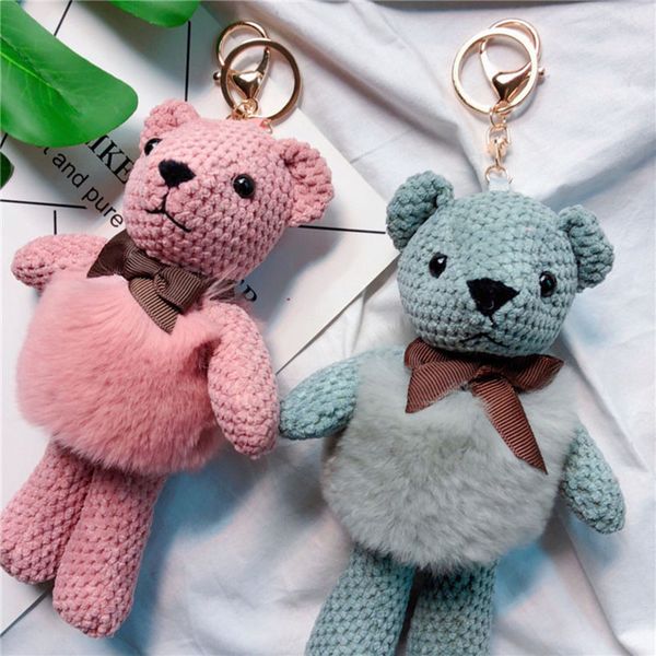 

plush doll teddy bear toy key chain ring woman bag charms faux fur pompom car keychain ragdoll party trinket fashion cute animal