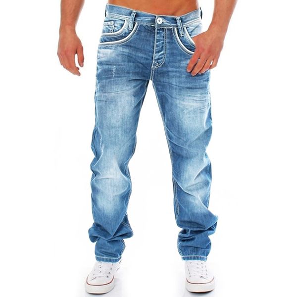 

hemiks slim fit men's motorcycle jeans pleated casual biker male pants broken holes straight legs hip hop jeans trouser for men, Blue