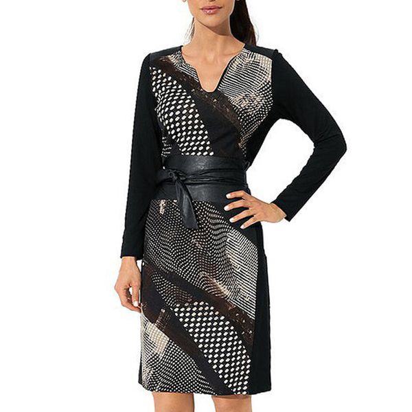 

women designer plus size natural simple plaid printing v-neck long sleeve knee length black chiffon dress, Black;gray