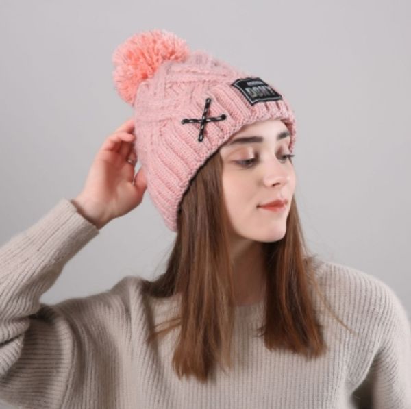 

2019 women's new fashion winter curling plus velvet wool caps solid color label with rope neutral knitting warm outdoor hats wholesales, Blue;gray