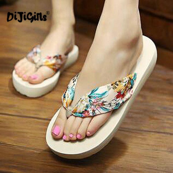 

dijigirls summer bohemia flower flip flops platform wedges women platform flip slippers beach shoes dropshipping, Black