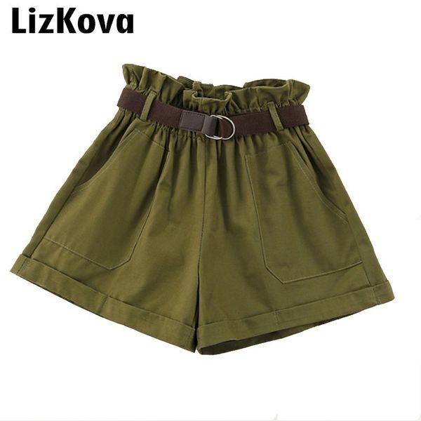 

army green shorts 2019 summer shorts high waist wide leg bottoms korean fashion streetwear solid color, White;black
