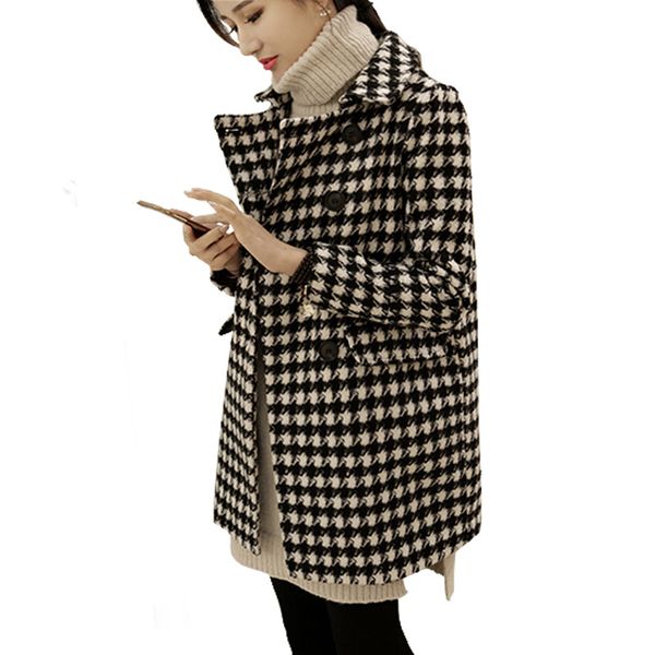 

2019 fashion women woolen coat warm thicker coats houndstooth wool coat vintage black and white loose retro plaid female