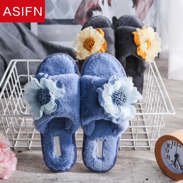 

asifn women winter slippers flowers non slip indoor ladies flip flops elegant female mules chaussures femme cute fur slides, Black