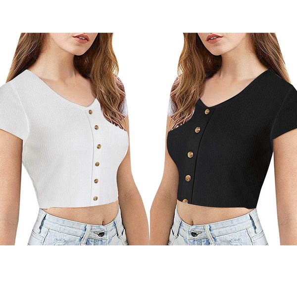 

korean clothes 2019 sexyÂ women v-neck pure color short sleeve button bodycon slim t-shirt tee shirt femme aesthetic, White