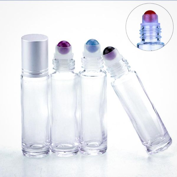 

10pcs glass roller bottles 10 ml for essential perfumes oil with roller ball gemstone chip travel refillable bottles makeup tool