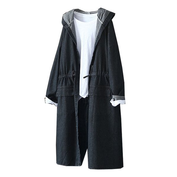 

vintage womens designer jean trench coats fashion big pockets elastic waist single breasted jean hooded coats females clothing, Tan;black