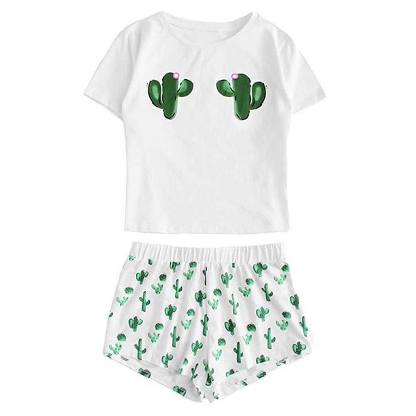 

2019 new women's short print short-sleeved t-shirt + shorts pajamas suit casual cute round neck pajamas cotton sleepwear stretch, Black;red