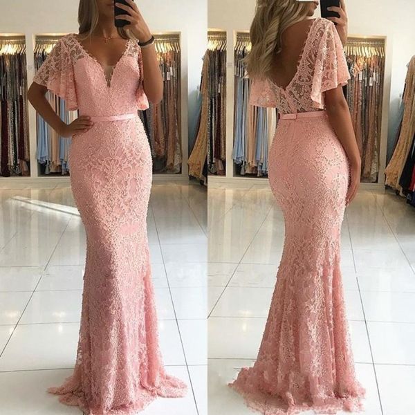 

New gorgeou pink lace mermaid evening dre e 2019 ve tido de fie ta floor length v neck low back with belt women party prom gown