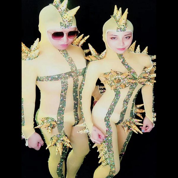 

women men couple multicolor rhinestone costumes hedgehog props party clothes new stage outfit party performance team dance set, Black;white