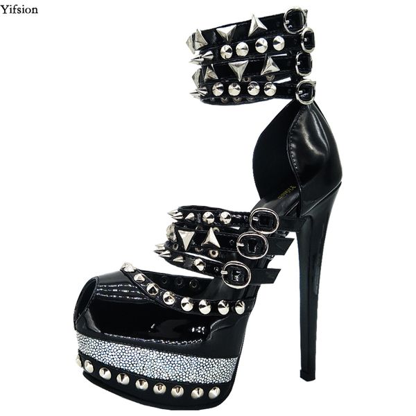 

rontic new women platform sandals rivets stiletto high heels sandals peep toe black party shoes women us plus size 4-12