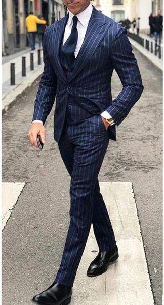 Lacivert Şeritler Damat Smokin Tepe Yaka Sağdıç Düğün Smokin Erkekler Balo Parti Ceket Blazer 3 Parça Suit (Ceket + Pantolon + Kravat + Yelek) 2269