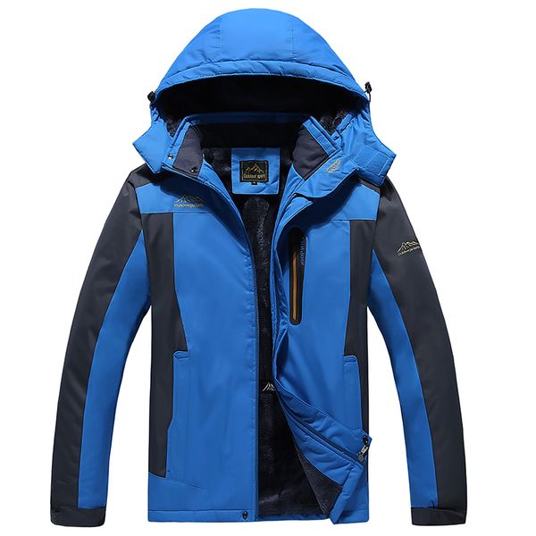 

winter men windproof hiking jackets keep warm hooded outdoor climbing coat casual long sleeves windbreaker waterproof sportswear, Blue;black
