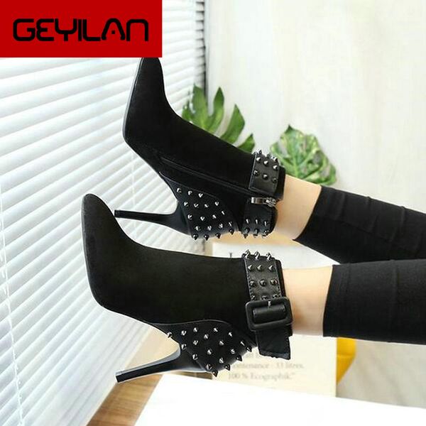 

autumn winter women boots zip high heels boots fashion pointed toe ankle high heels botas mujer rivet drop shipping, Black