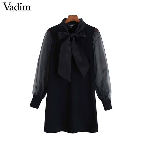 

vadim women chic organza bow tie collar dress long sleeve straight style female elegant black mini dresses vestido mujer qc944, Black;gray