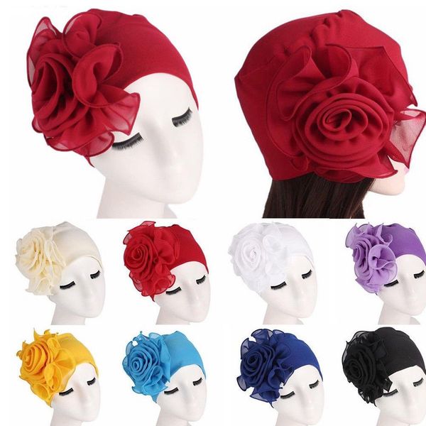 

women flower hat muslim ruffle bamboo fiber beanie with flower ruffle muslim turban pearl beaded hair loss head wrap, Blue;gray